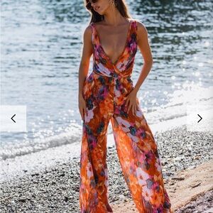 12th Tribe, Fleur Orange Floral Plisse Jumpsuit, NWT, Unworn, Size XL